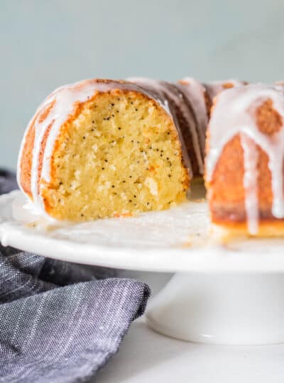 lemon poppyseed bundt cake drizzled with icing