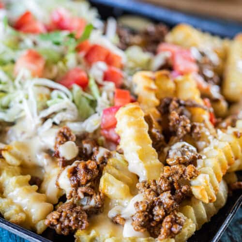 fries topped with taco meat and toppings