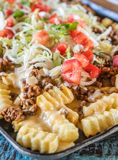 fries topped with taco meat and toppings