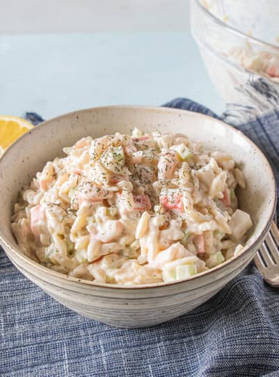 seafood pasta salad in serving dish