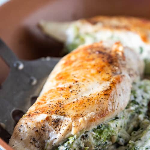 broccoli and cheese stuffed chicken breast in pan