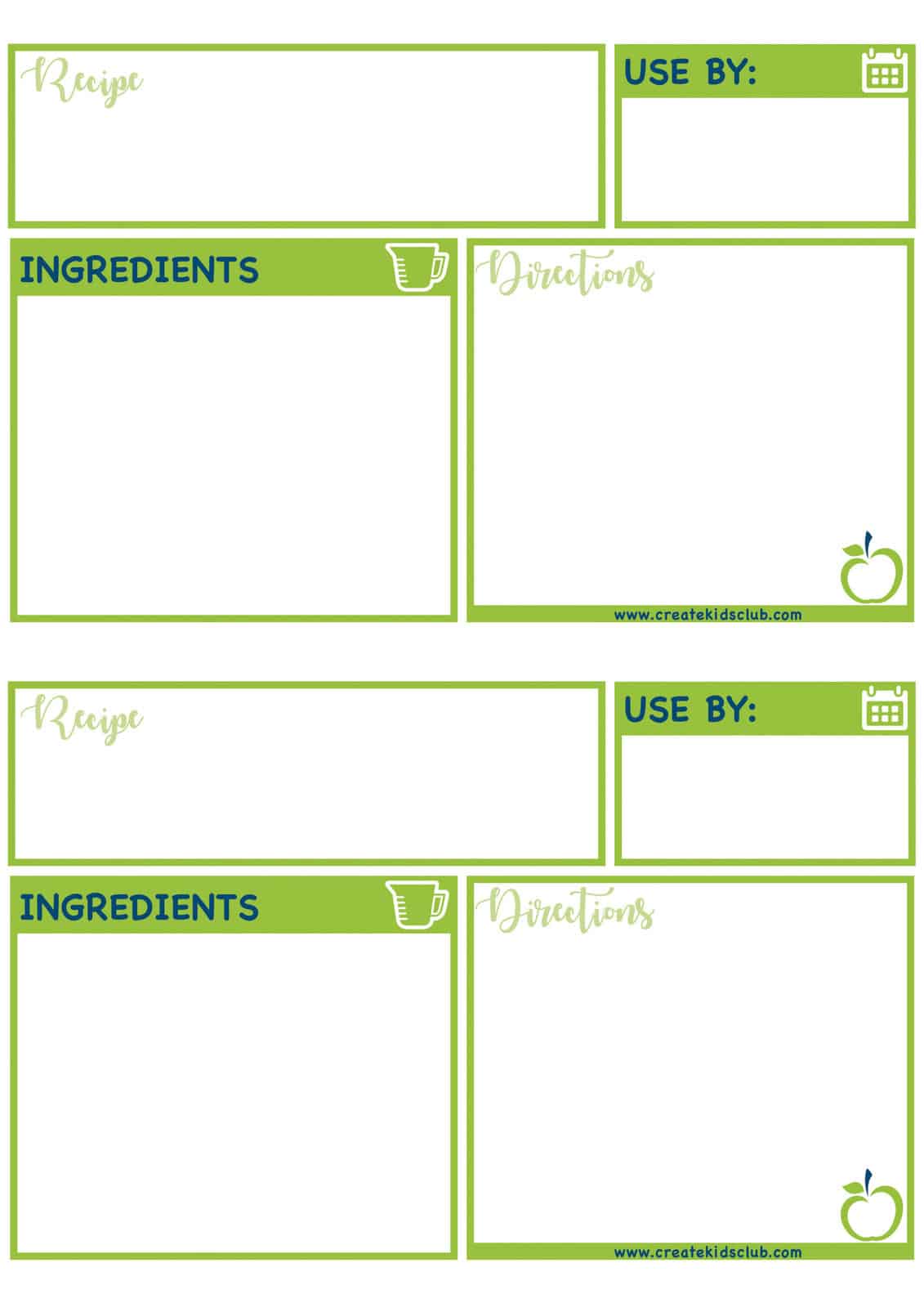 Printable food labels for making freezer meals, includes recipe name, use by date, ingredients, and directions.