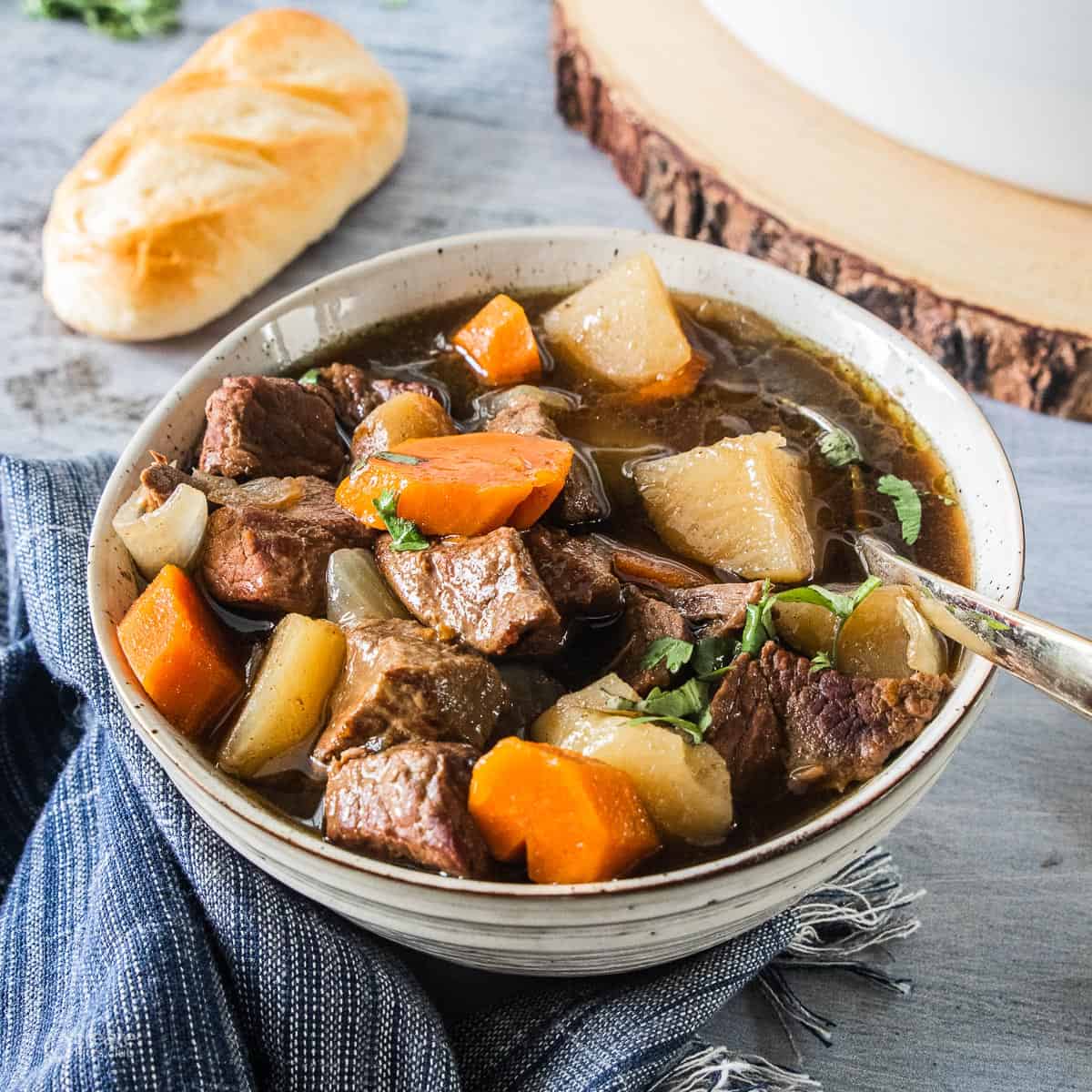 Irish stew in bowl with spoon