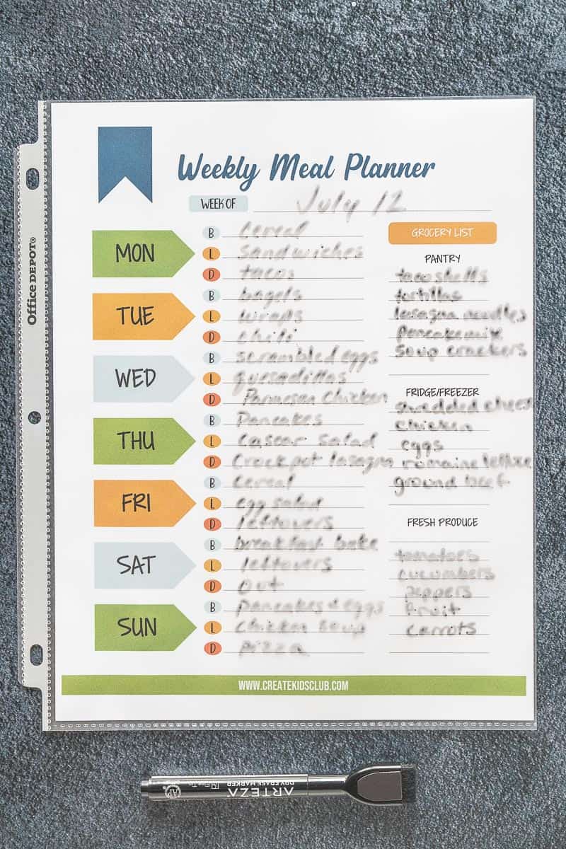 dry erase weekly meal planner