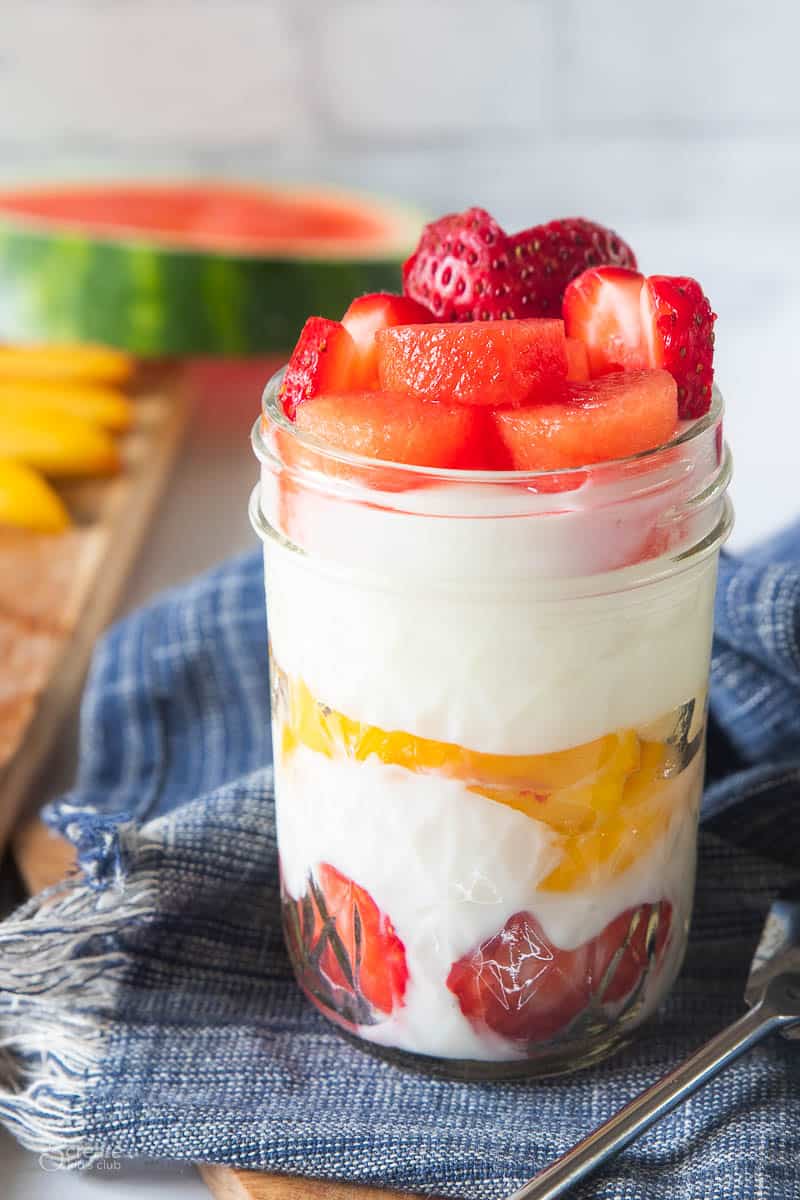 fruit and yogurt parfait in mason jar