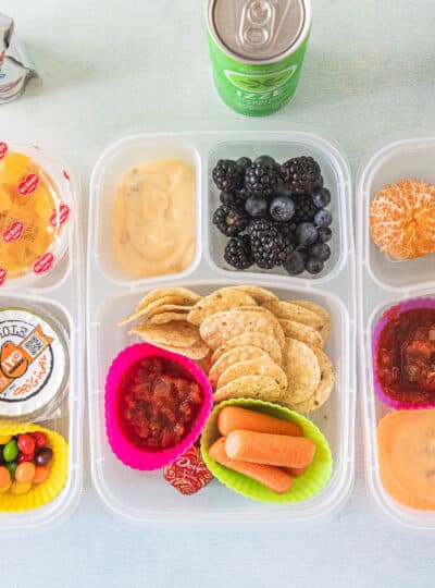 Homemade lunchable with tortilla chips, berries, cheese sauce, and carrots.