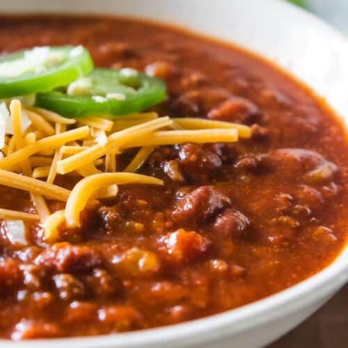 chili in a bowl with toppings