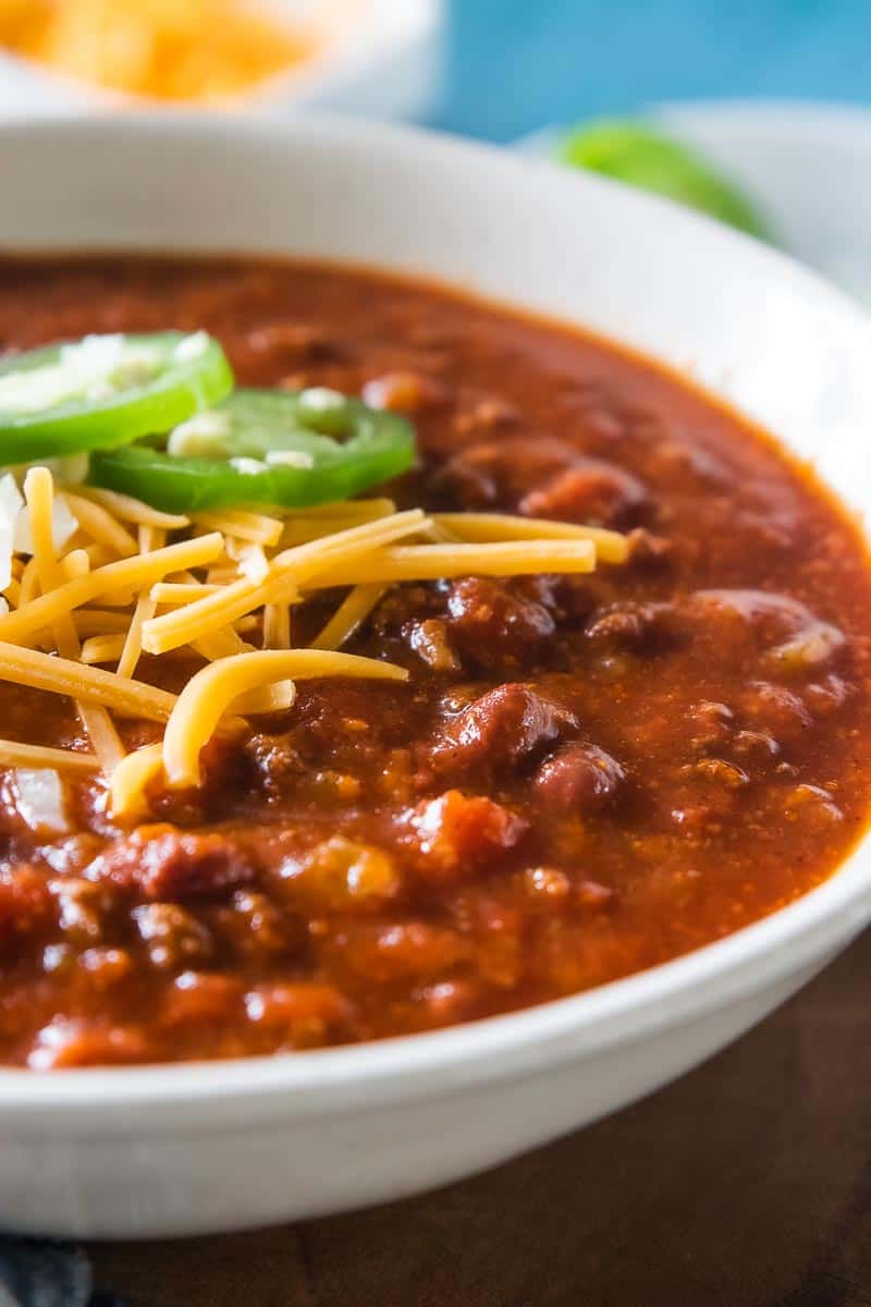 chili in a bowl with toppings