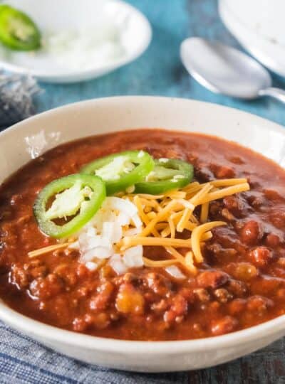 chili in a bowl with toppings