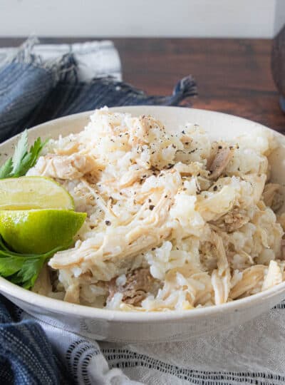 boiled chicken and rice in serving bowl