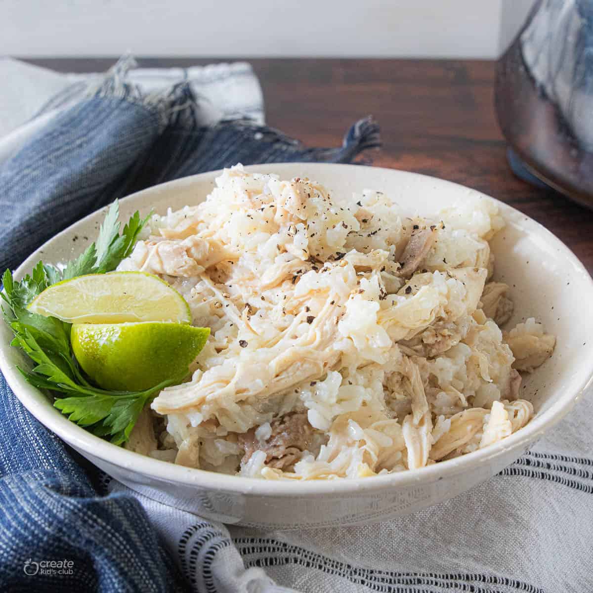 boiled chicken and rice in serving bowl