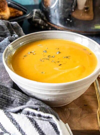 butternut and sweet potato soup in a bowl