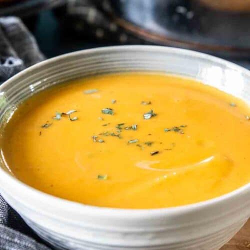 butternut and sweet potato soup in a bowl