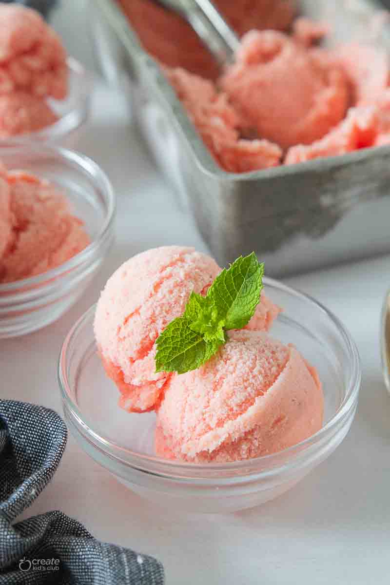 scooped watermelon ice cream in dish