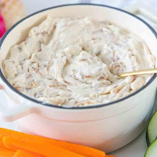 sweet onion dip in bowl with spoon
