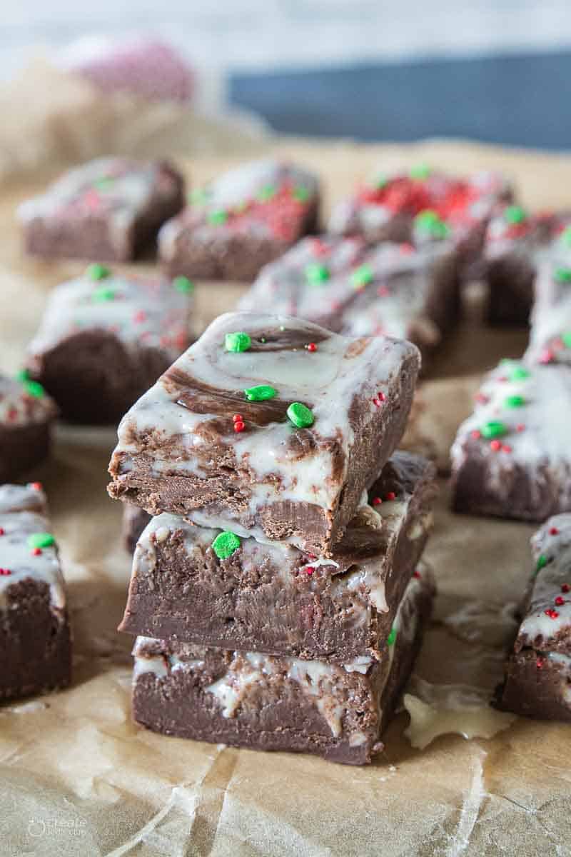 squares of Christmas fudge stacked