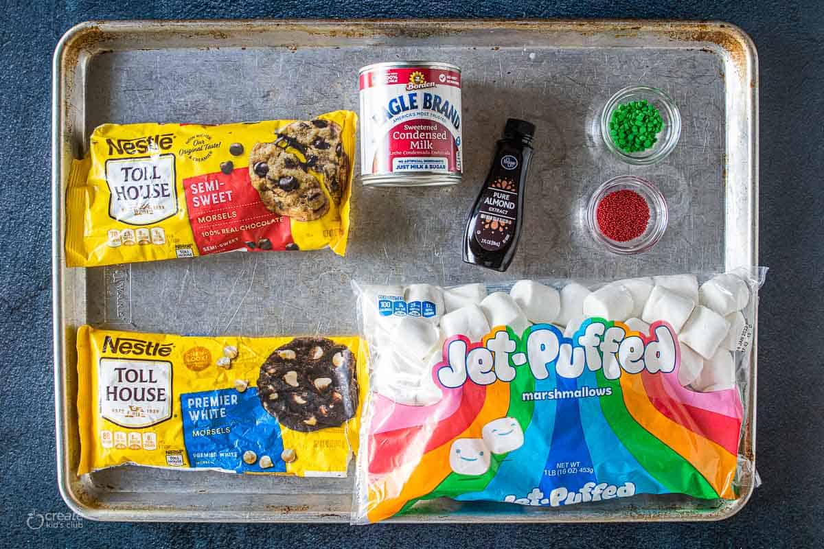 ingredients for Christmas story fudge on baking sheet