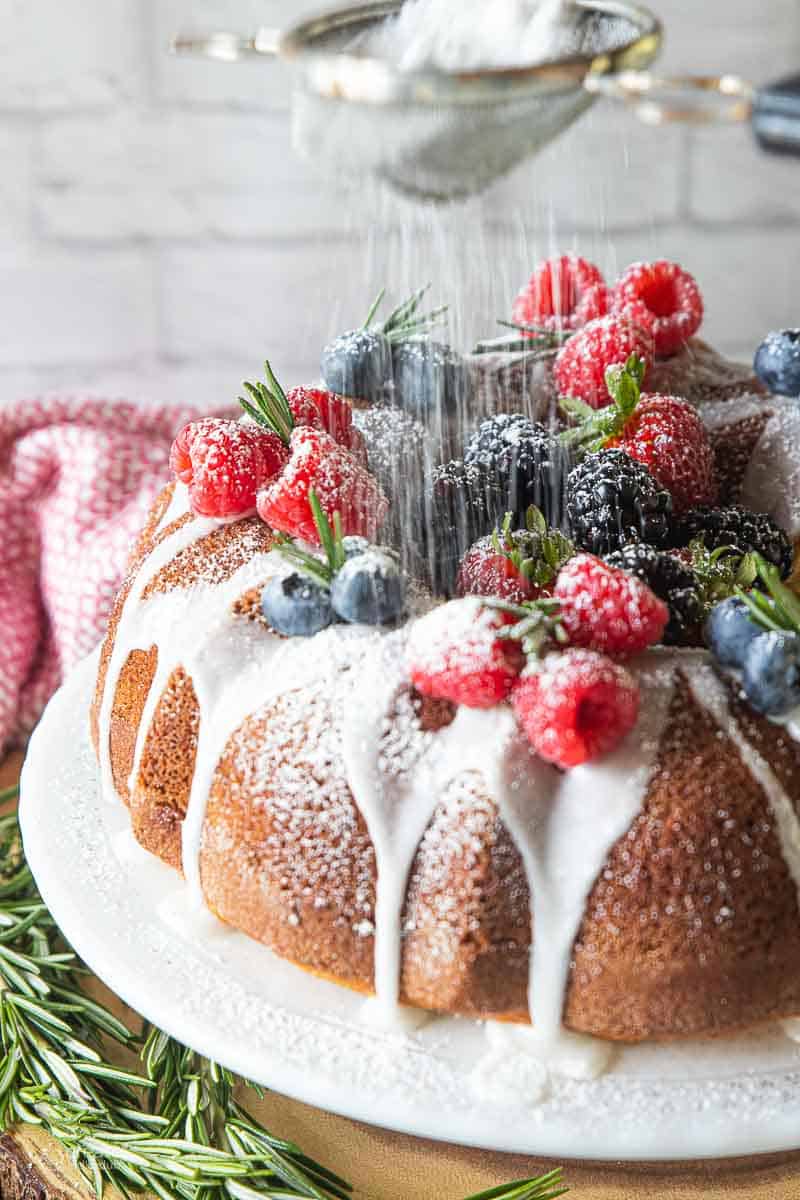 powdered sugar dusted on top of Bundt cake