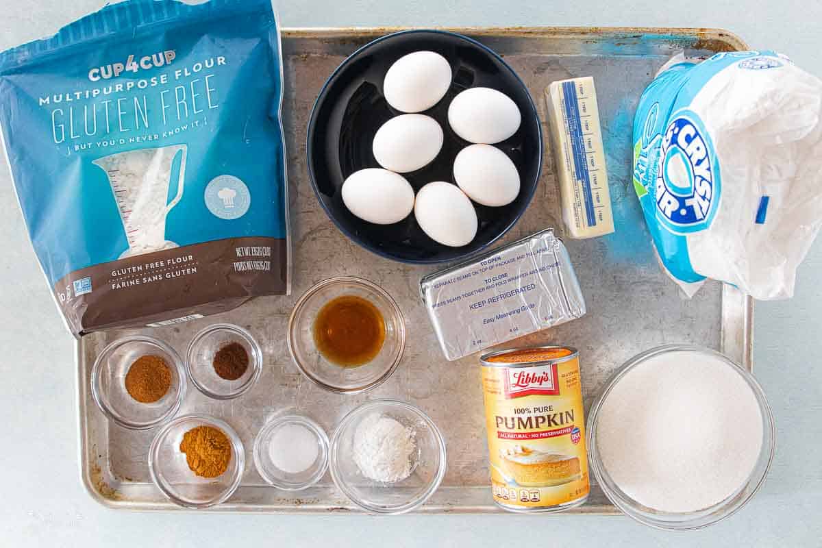 ingredients for gluten free pumpkin bars on sheet pan