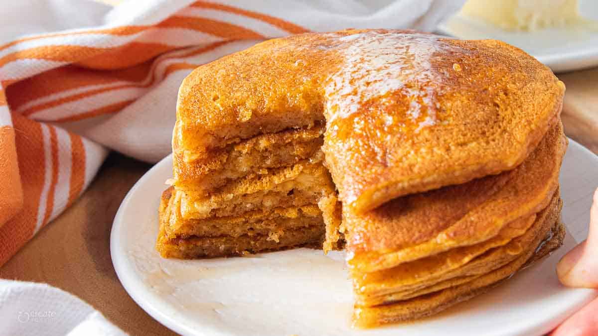 bite missing from gluten free pumpkin pancake stack