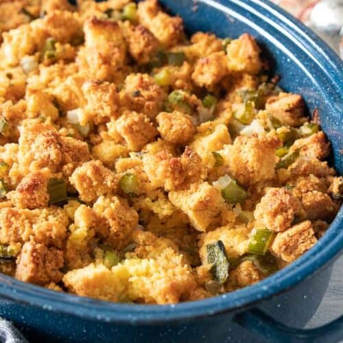 pan filled with cornbread stuffing