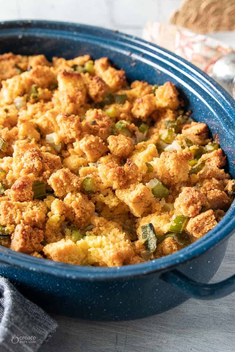 pan filled with cornbread stuffing