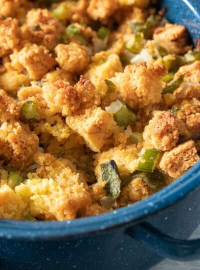 close up shot of gluten free cornbread stuffing in pan