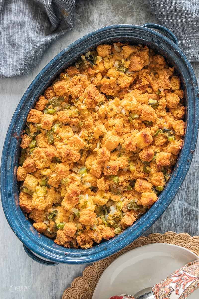 baked gluten free cornbread stuffing in pan