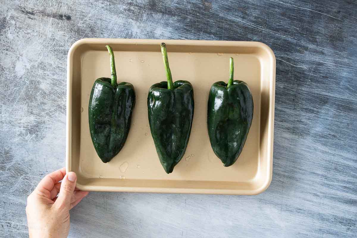 poblano peppers on a small sheet pan