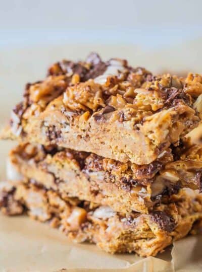 gluten free granola bars stacked on top of one another