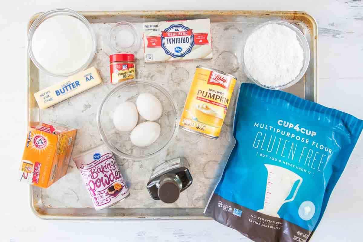 ingredients for gluten free pumpkin roll on a sheet pan