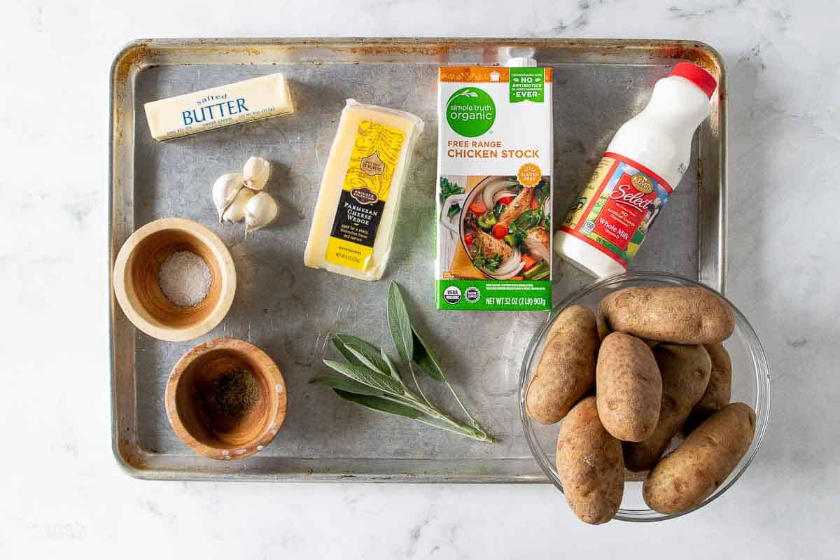 ingredients for gluten free scalloped potatoes on sheet pan