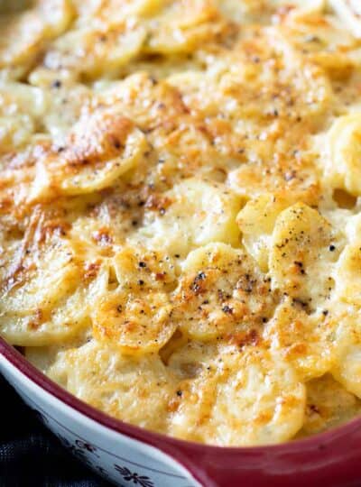 gluten free scalloped potatoes in baking dish