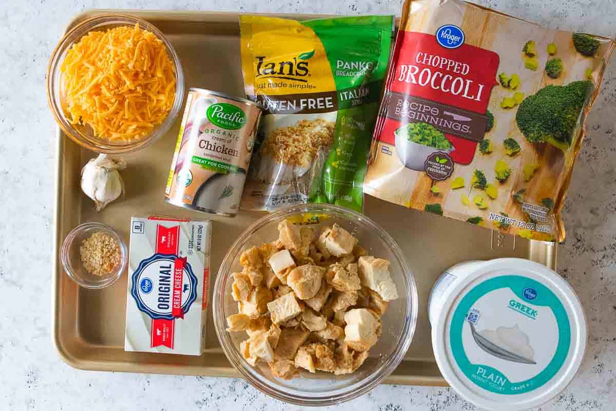 gluten free casserole ingredients on a sheet pan