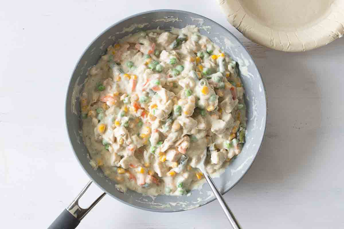 chicken pot pie mixture mixed together in sauté pan