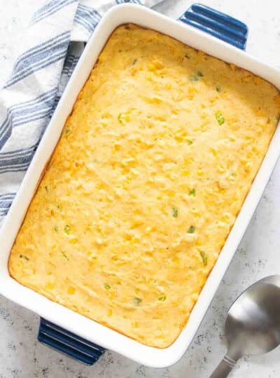 top view of baked corn casserole in baking dish