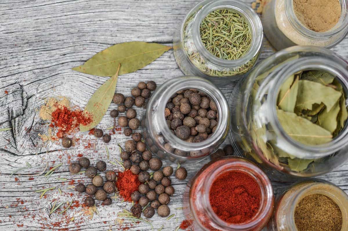 Top down view of jars with spices.