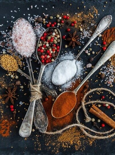 Top down view of spoons with spices on them.