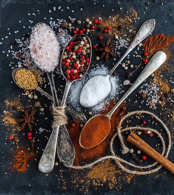 Top down view of spoons with spices on them.