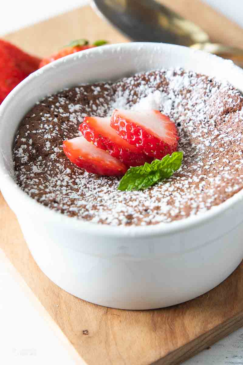 mini flourless chocolate cake in soufflé dish