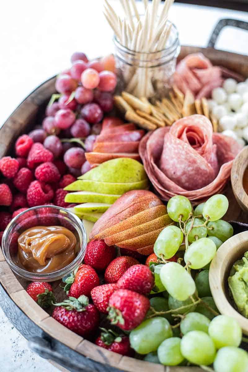 fresh fruit and veggie filled charcuterie board