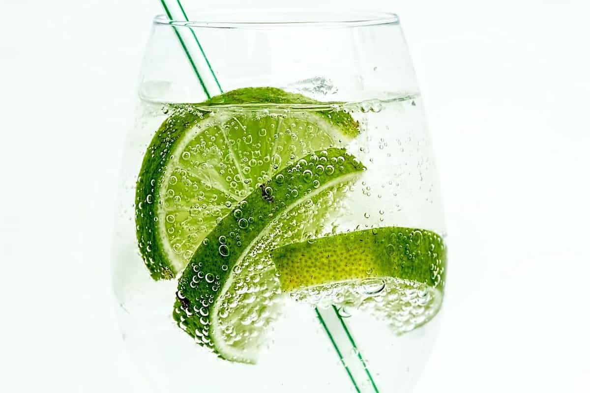 A picture of a clear drink with bubbles and lime.