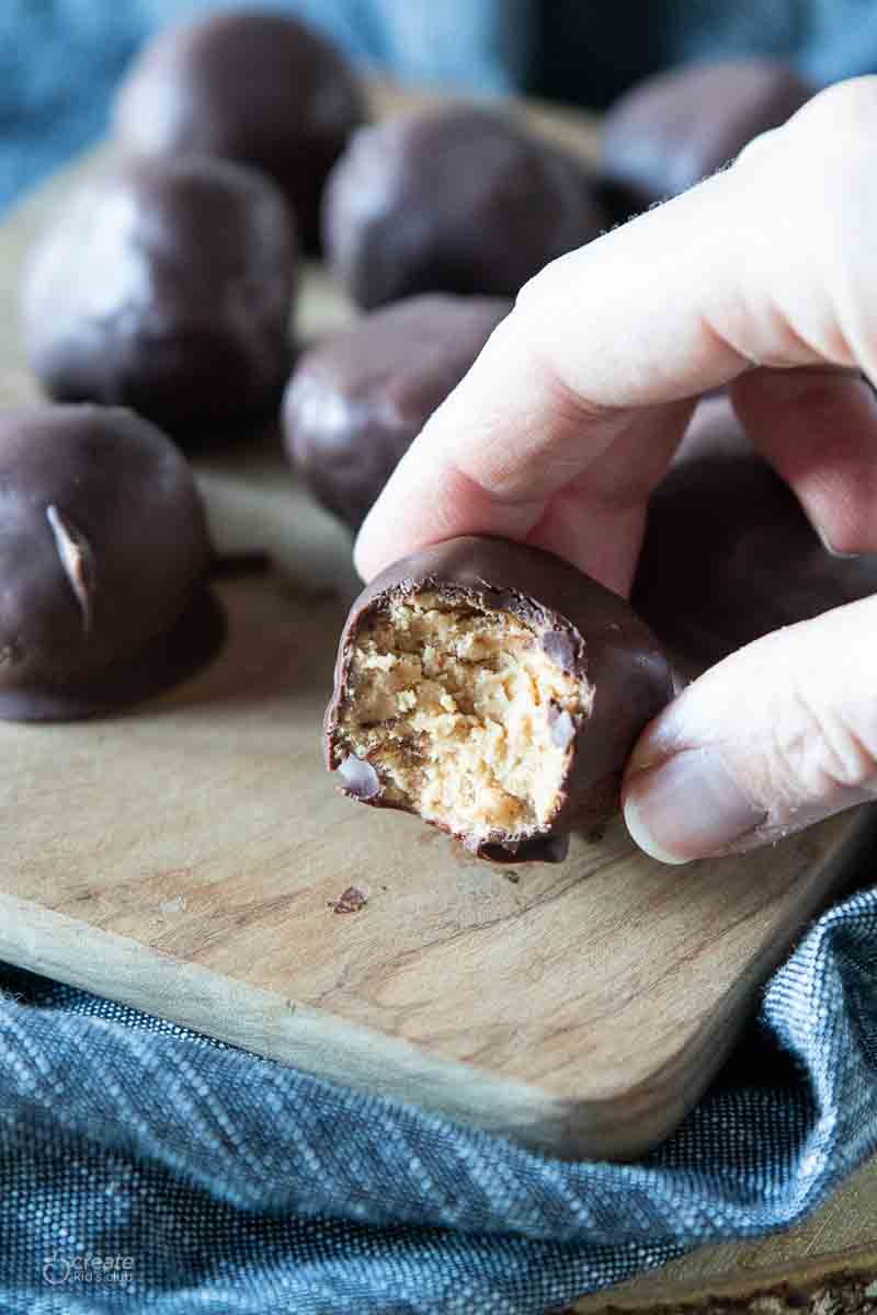 hand holding a peanut butter ball with a missing bite