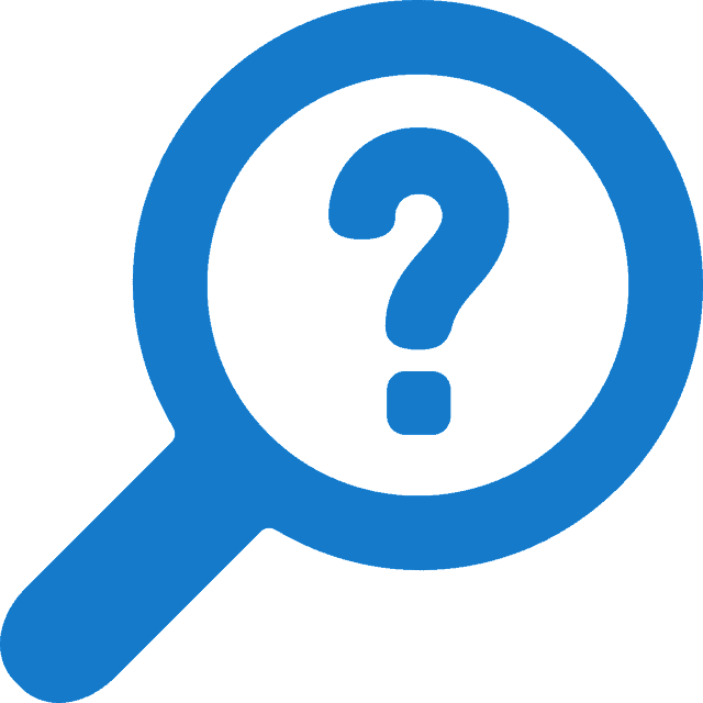 A magnifying glass symbol with a question mark in the center.