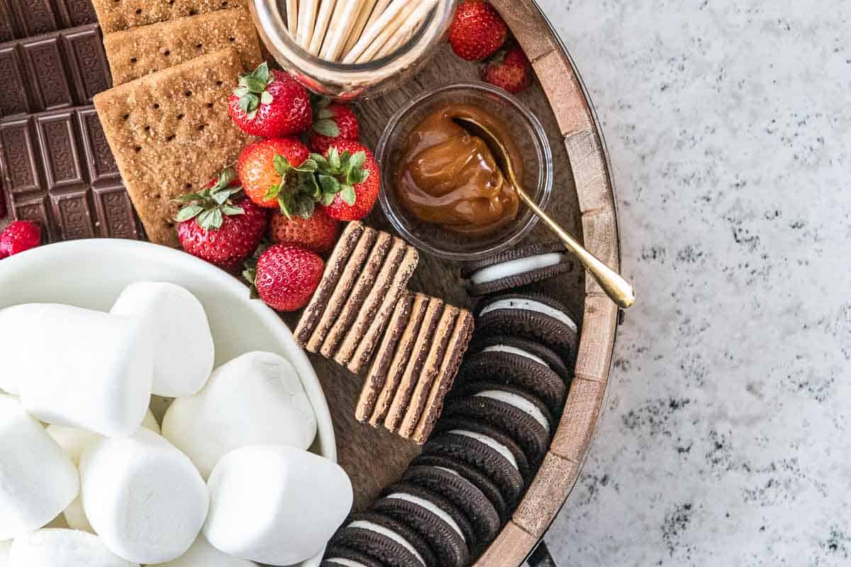 charcuterie board with s'more ingredients