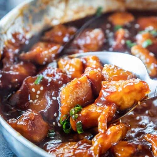 sesame chicken scooped from bowl