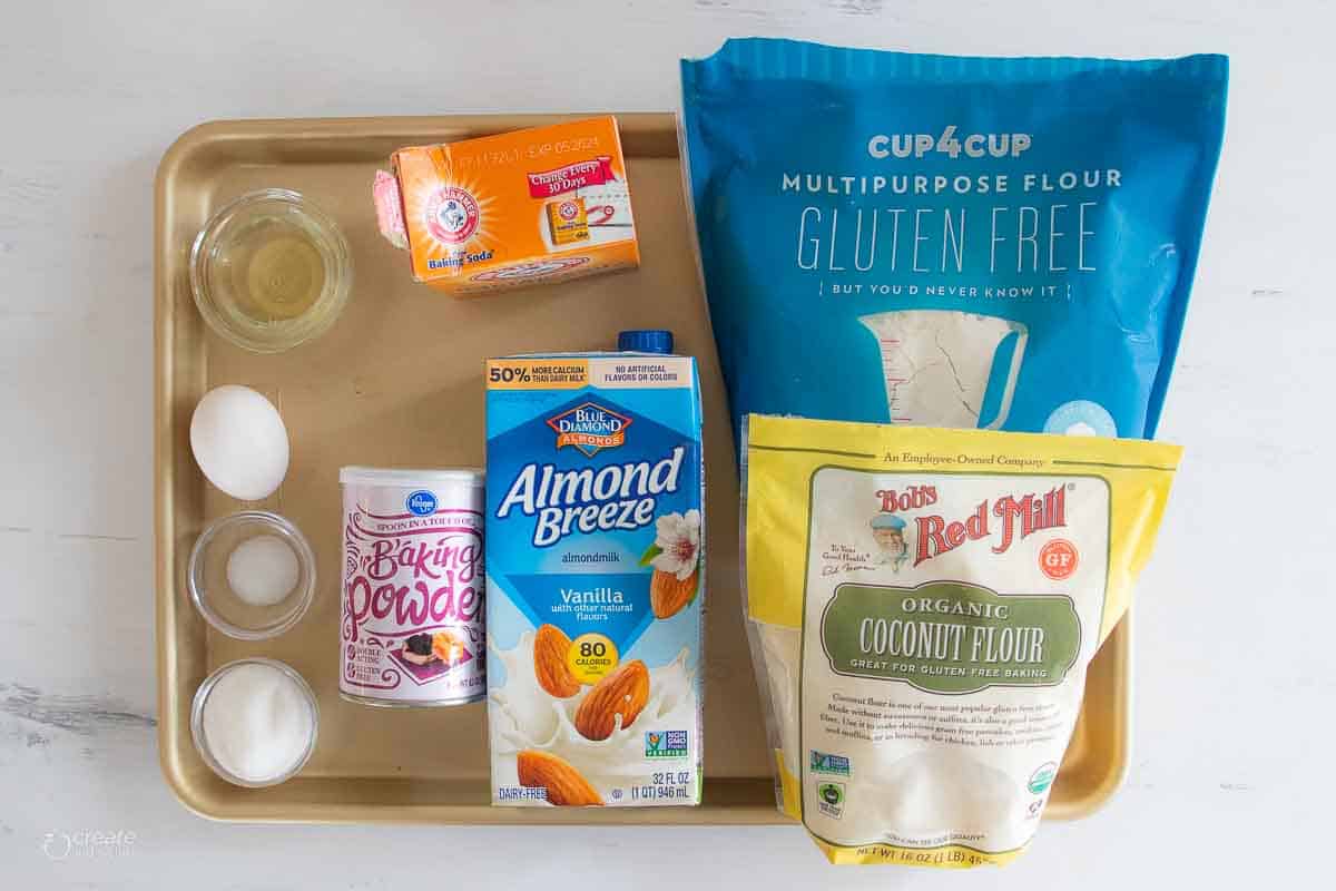 ingredients for almond milk pancakes on sheet pan