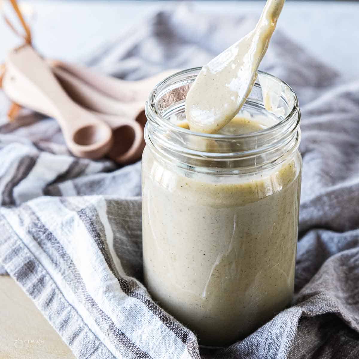 cream of chicken soup in mason jar with a spoon