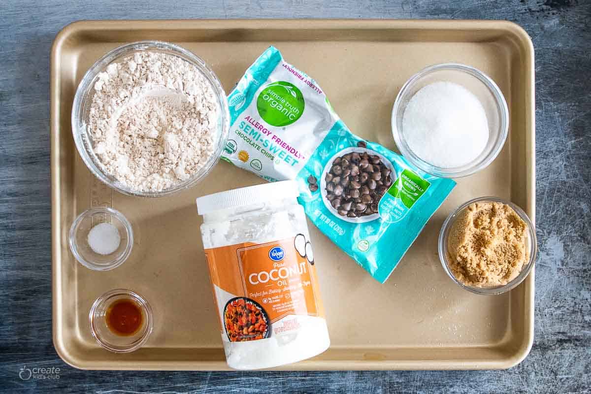 ingredients for gluten free edible cookie cough on a baking sheet