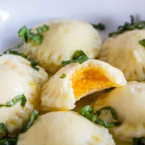 butternut squash ravioli in a serving bowl